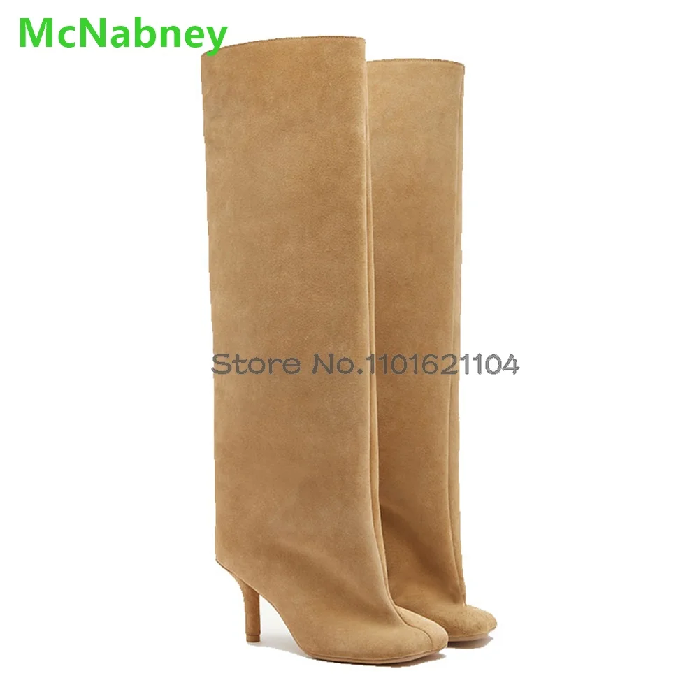 Thin High Heel Square Toe Boots For Famale Women 2024 Winter New Solid Suede Fabric Slip-on Knee-high Fashion Elegant Shoes