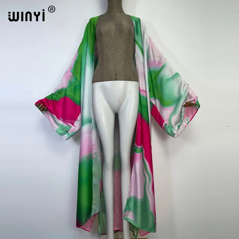 Winyi 2022 Herfst Kleurrijke Afdrukken Beach Wear Swim Pak Elegante Afrika Vrouwen Boho Vest Sexy Holiday Lange Dresssleeve Kimono