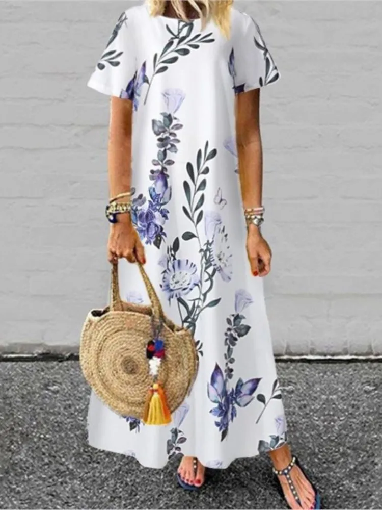 

Summer Bohemian Floral Printed Women Dresses Elegant O Neck Short Sleeve Maxi Dress Casual Loose Party Beach Dress Robe Female