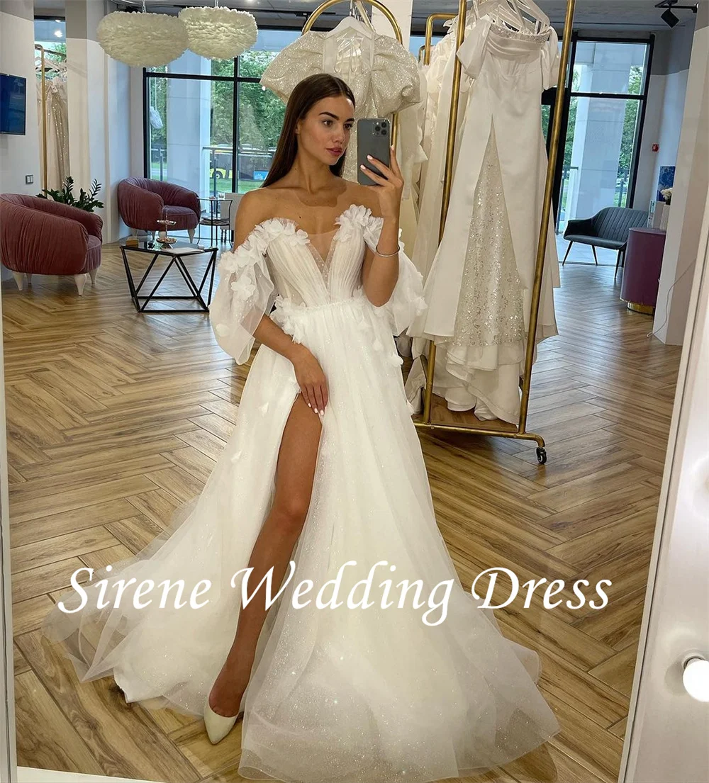 Sirene Sexy Diepe V-Hals Kant Appliqueert Trouwjurken Rugloze Liefje Off Shoulder Hoge Split Tule Bruidsjurk Op Maat Gemaakt