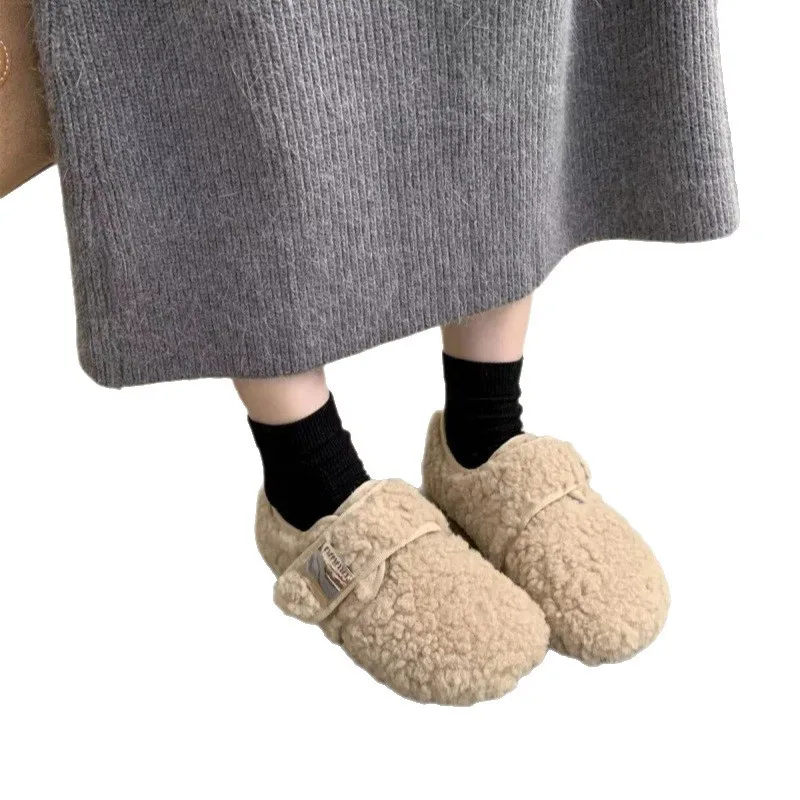 2025 Winter Vintage Cute Women's Plush Fur Shoes | Hook & Loop Flats with Fleece Lining for Warmth | Non-Slip Casual Shoes