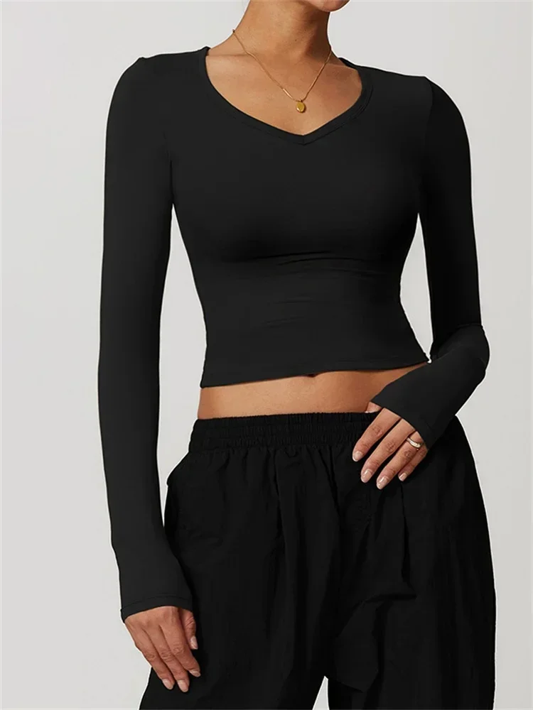 

Shaved Gym Top Yoga Shirt Fitness Sport Women Clothing Long Sleeve V Neck Elastic Breathable Quick Drying Running Fitness Tops