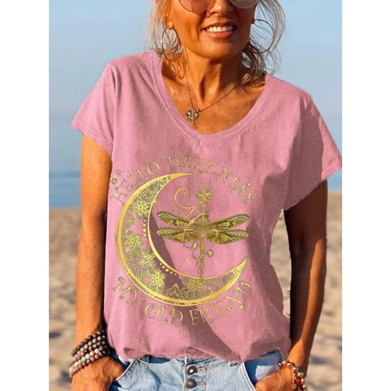 ilstile Women's Hippie My Old Friend Letter Print T-Shirts Summer Casual Loose Short Sleeve V Neck Tops Tees Hot Sale