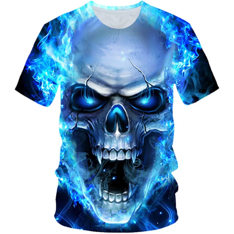 Halloween 4-20Y Kids Punk Style 3D T-Shirt Boys Girls Blue Fire Skull Crown Death Motorcycle Snake Flower Print Children T Shirt