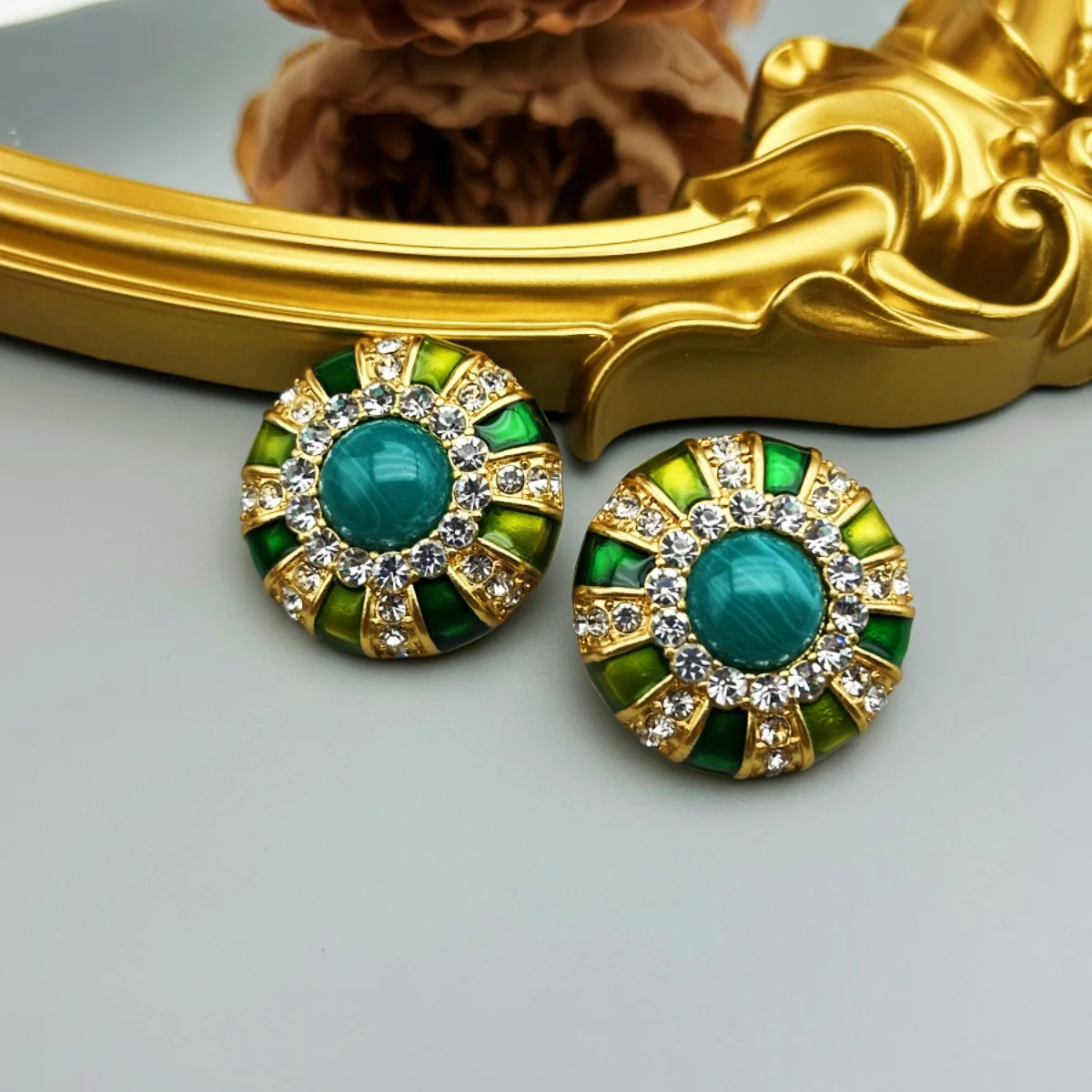 

Medieval enamel gradient green all diamond set with round emerald stud clips