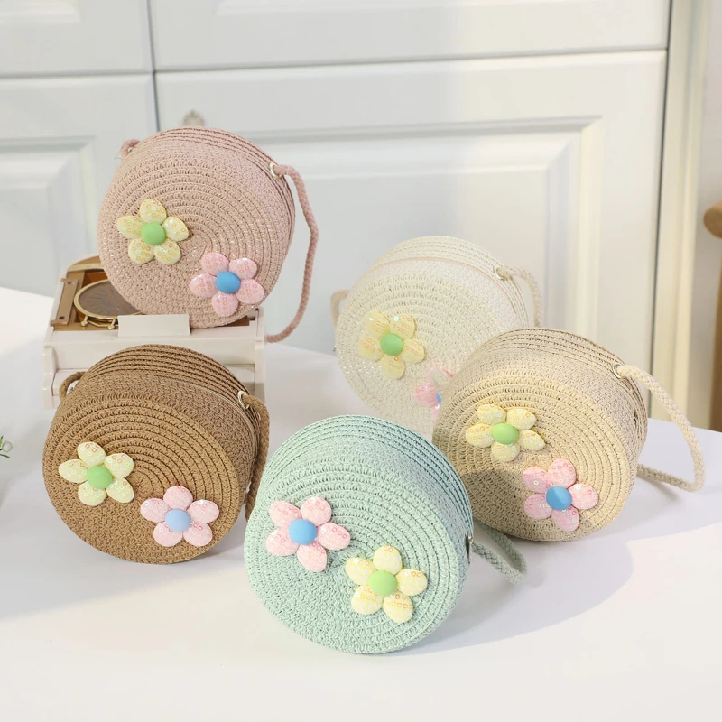 Casual Straw Flower Children\'s Shoulder Bags Fashion Round Woven Bow Girls Crossbody Bag Simple Baby Kids Beach Purse Clutch