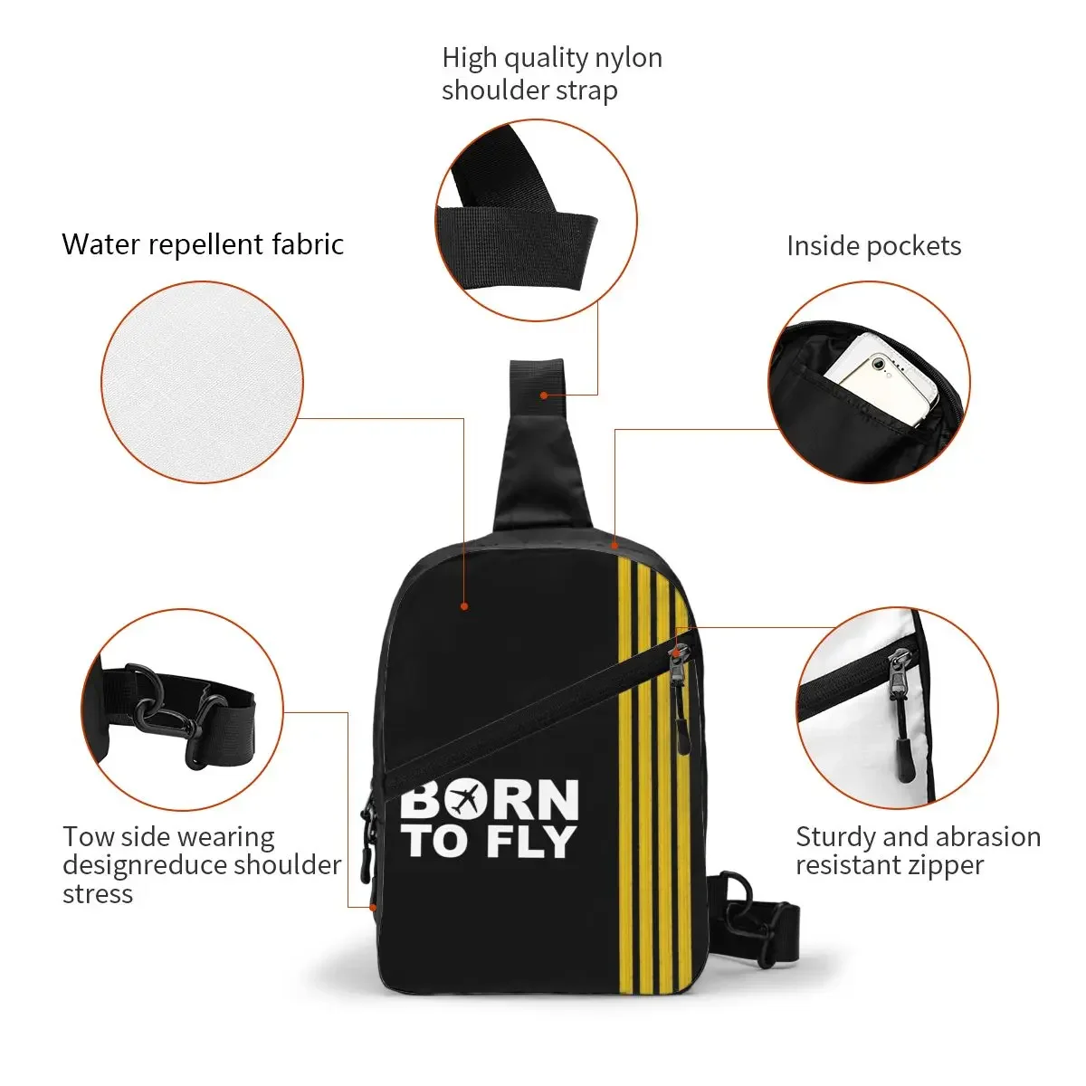 Fashion Born To Fly Captain Stripes Flight Pilot Sling Bag Aviation Aviator Airplane Chest Crossbody Backpack Shoulder Daypack