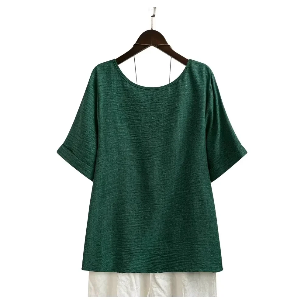 Women Loose Slimming Cotton Linen Wrinkled Texture Round Neck Solid T Shirt Casual Soft Breathable Flattering Comfy Versatile