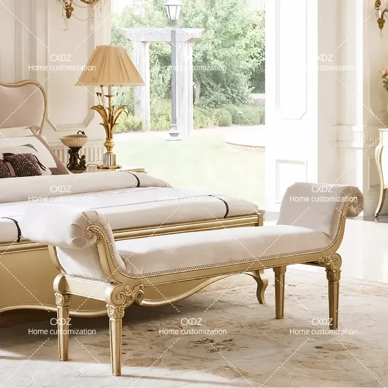 Light Luxury Solid Wood Carved Flower Bedside Stool Soft Upholstered Shoe Changing Bench for Bedroom Living Room Decor