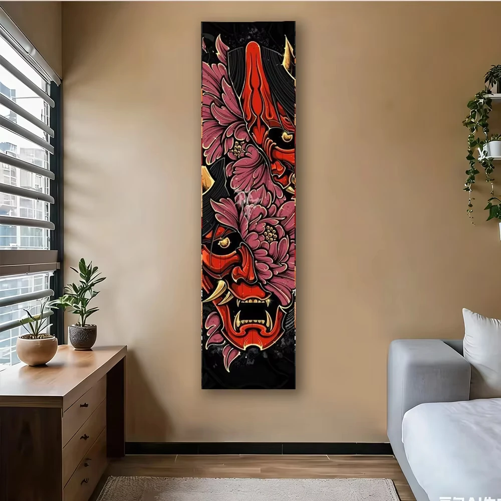 Japanische Oni Hannya-Maske, vertikaler Wandteppich, dunkler Samurai-Blumen-Wandbehang für Schlafzimmer- und Wohnheimdekoration
