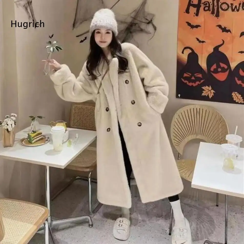 Women Beige Faux Mink Fur Coat With Notched Lapel And Double Breasted Buttons Warm Winter Outerwear For Casual Or Office Wear