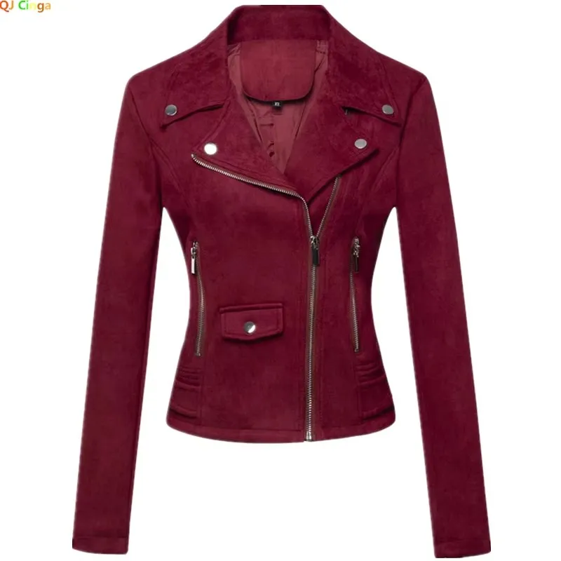 Spring Autumn New Simple Solid Color Women Casual Jacket Fashion Deer Skin Velvet Female Short Motorcycle Leather Coat