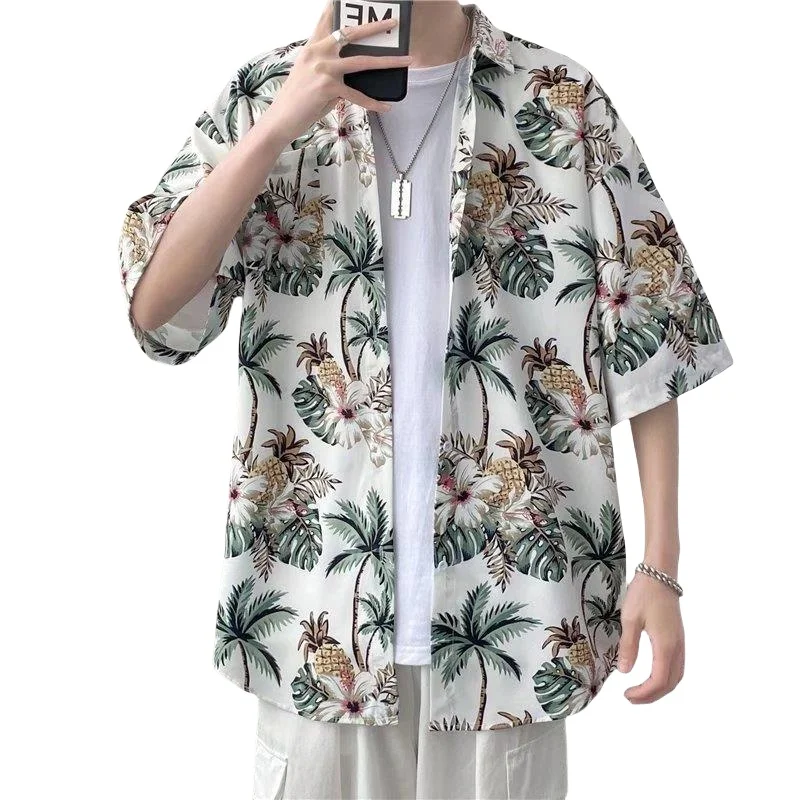 Men's Summer Seaside Cuban Collar Short Sleeve Floral Shirt Loose Fitting Casual Handsome Retro Hawaiian Beach Flower Shirt