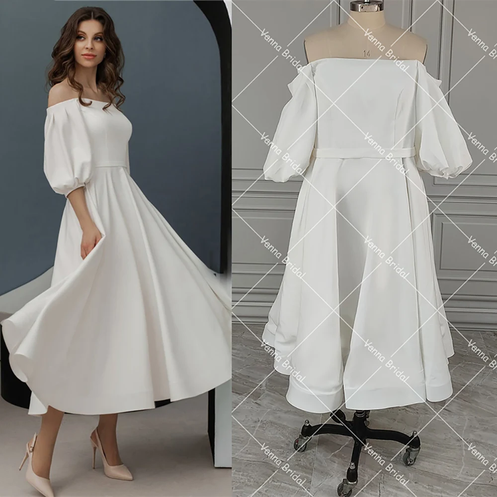 

Satin Bare Shoulders Wedding Gowns Half Lantern Sleeves Custom Made Simple Drop Ship Zipper 2021 Plain Tea Length Bridal Dress