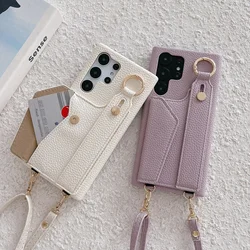 Wrist Strap Crossbody Leather Wallet Case For Samsung Galaxy S24 S25 Ultra S22 Plus A16 A36 A55 A15 Cards Holder Lanyard Cover