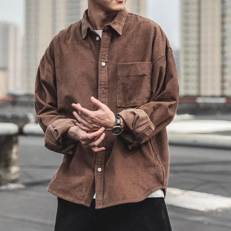 

Retro American Corduroy Long Sleeve Men's Shirt Trendy Japanese Workwear Style Youthful Pure Color Standard Fit Button Detail