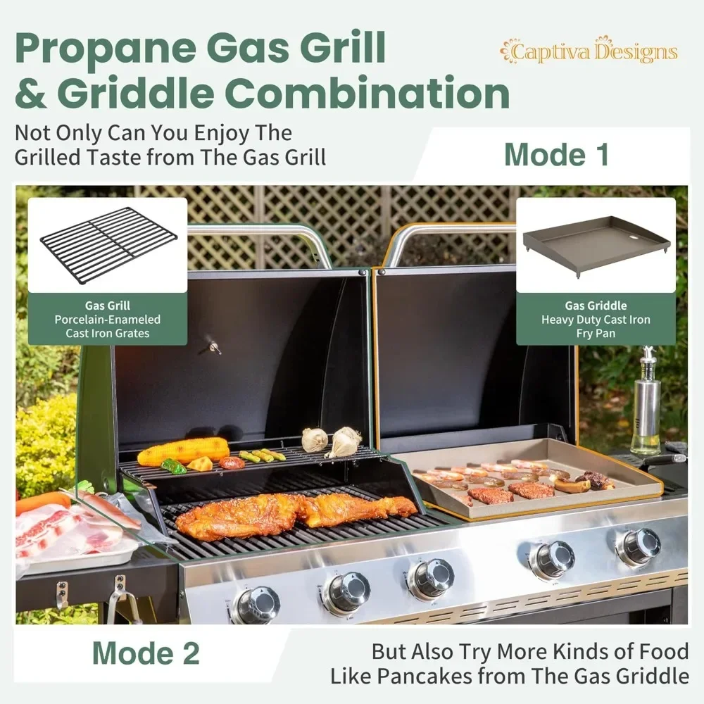 Propane Gas Griddle Grill Combo with Porcelain-Enameled Cast Iron Grate & Cast Iron Pan, Dual BBQ Grill With Flat Top Griddle