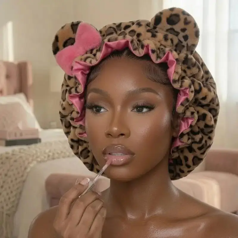 Satin Lined Sleep Bonnet Leopard Print Soft Plush Bow Ear Anti Frizz Curly Hair Protection Night Sleep Hair Cap for Women