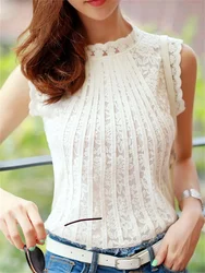 Women Spring Summer Style Lace blouses Shirts Lady Casual Sleeveless O-Neck Lace Blusas Tops DF3725