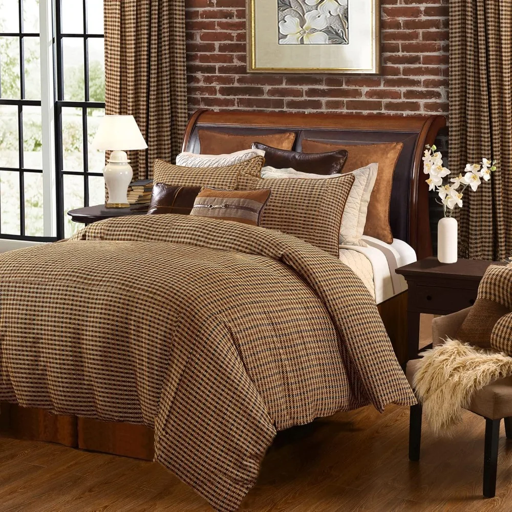 Bed Cover, 3 Piece Comforter Set with Pillow Shams, Brown Tweed Houndstooth, 1 Comforter and 2 Pillowcases, Bed Sheet