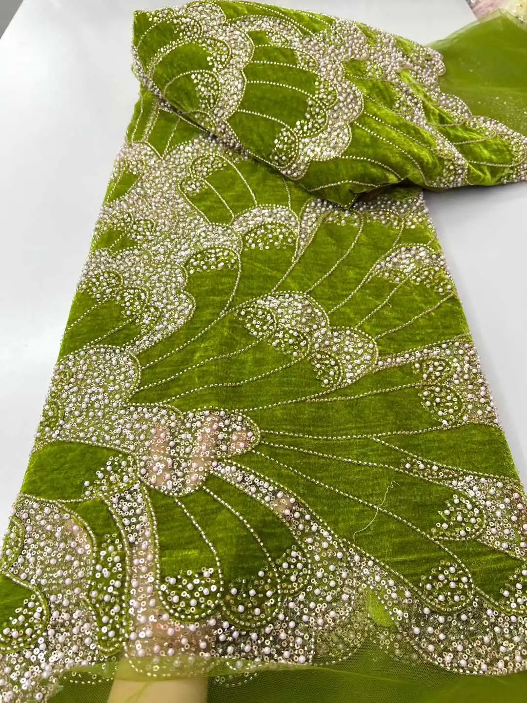 

African Velvet Sequined Lace Fabric 2026 High-Quality Nigerian Beaded Tulle Lace Fabric Wedding Party Dress Sewing Material