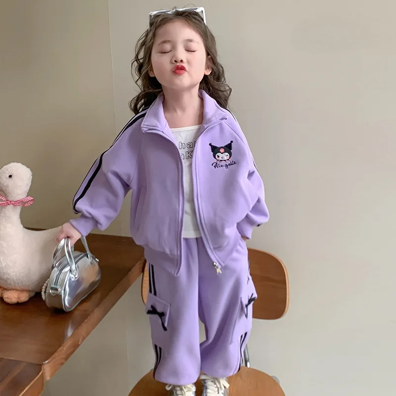 

Sanrio Kuromi Clothes Set Girl Spring Autumn Fashion Cartoon Cute Sweet Long Sleeve Tops Pants Childrens Casual Sportswear ﻿