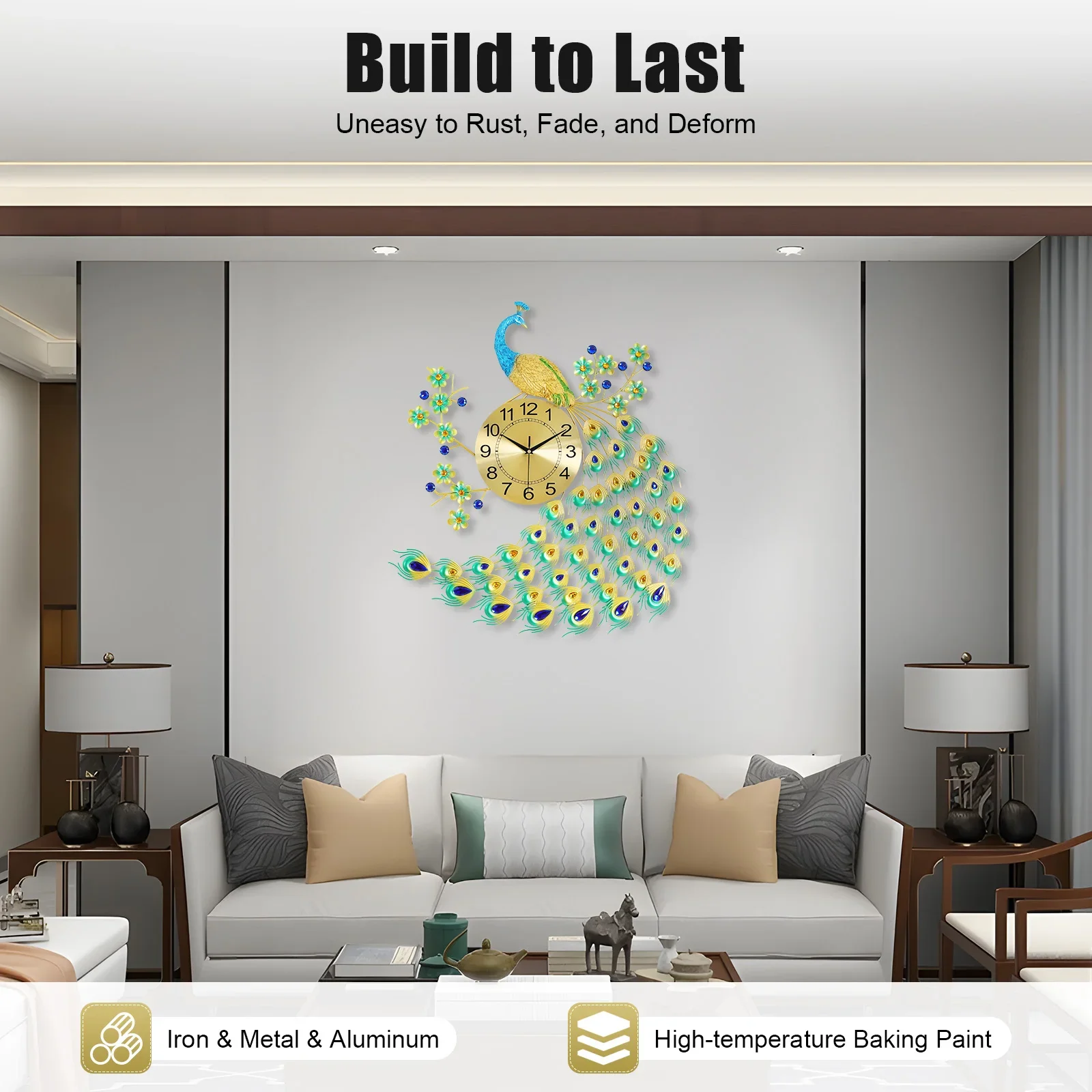 

29.5" Large Peacock Wall Clock Crystal Decor, 3D Creative Luxury Wall Clock Silent Non-Ticking Living Room Decor Big Clock