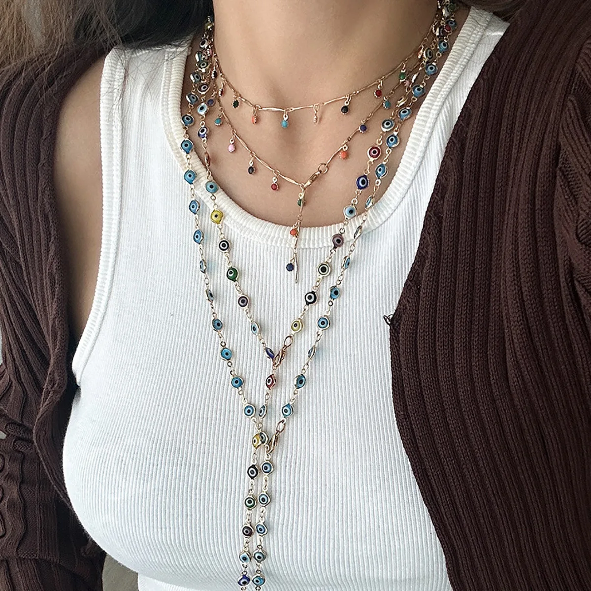 Heart Tassel Necklace with Eye Pendant Long Layered Y Shape Faux Pearl Beads Gold Chain Versatile Vacation Jewelry for Women