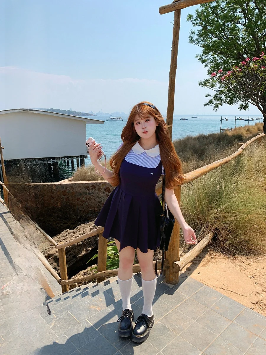 

Annie Academy Style Pleated Dress with Doll Collar plus Size Spring Summer Casual A-Line Skirt Short Sleeve Zipper Back