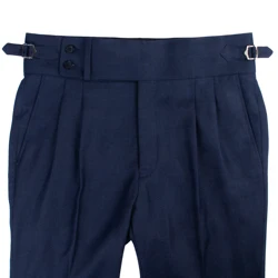 Luxury Fashion Italian Style Custom Made Suits Pants Tailored Trousers Navy Nailhead High Waist Neapolitan Trousers Extended Tab