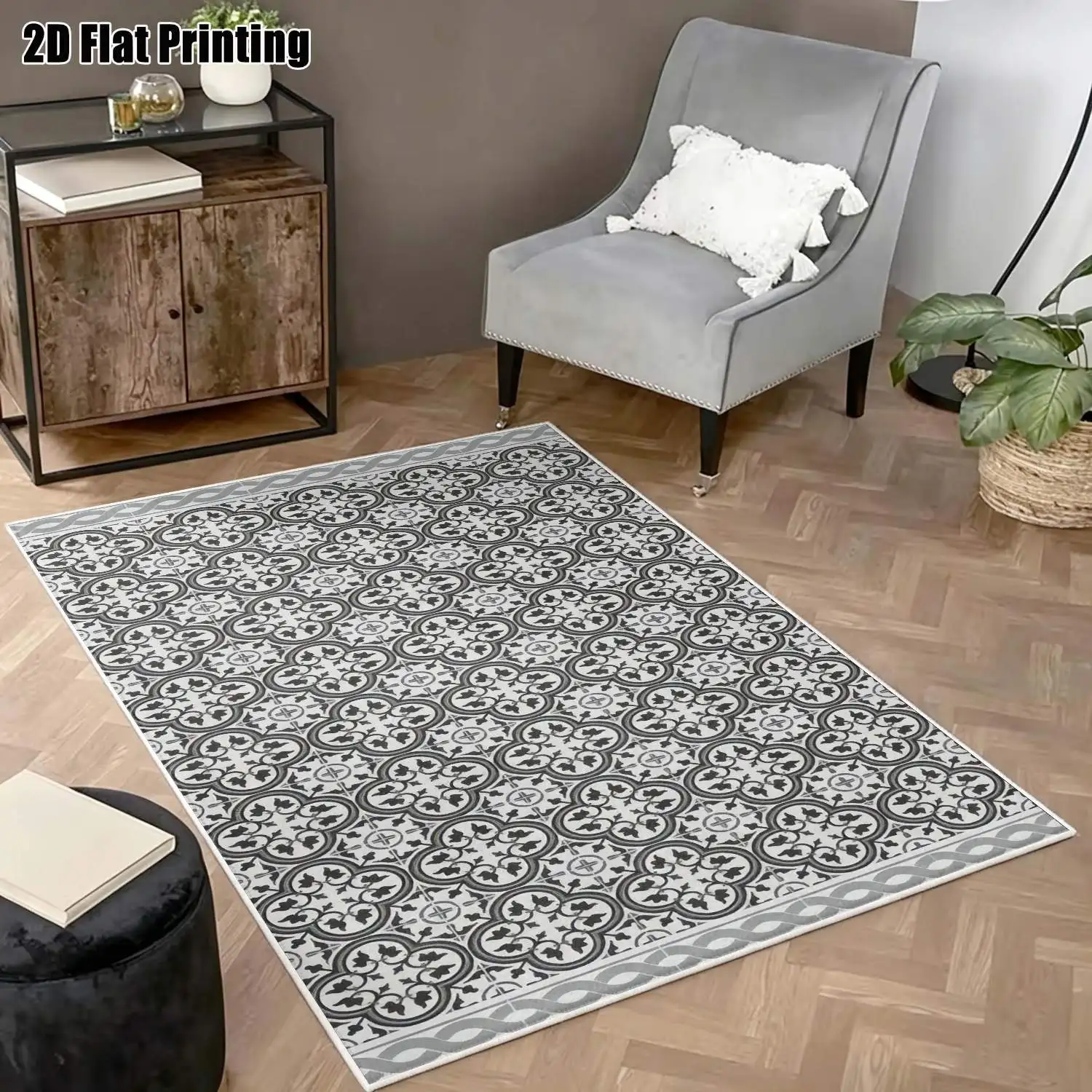 1Pc 2D Printed Velvet Carpet, Retro Geometric Floral Nordic/European/Minimalist/Instagram Style, Multi-Size, Machine Washable, for Entrance, Dining, Foyer, Bedroom, Living Room Home Decor