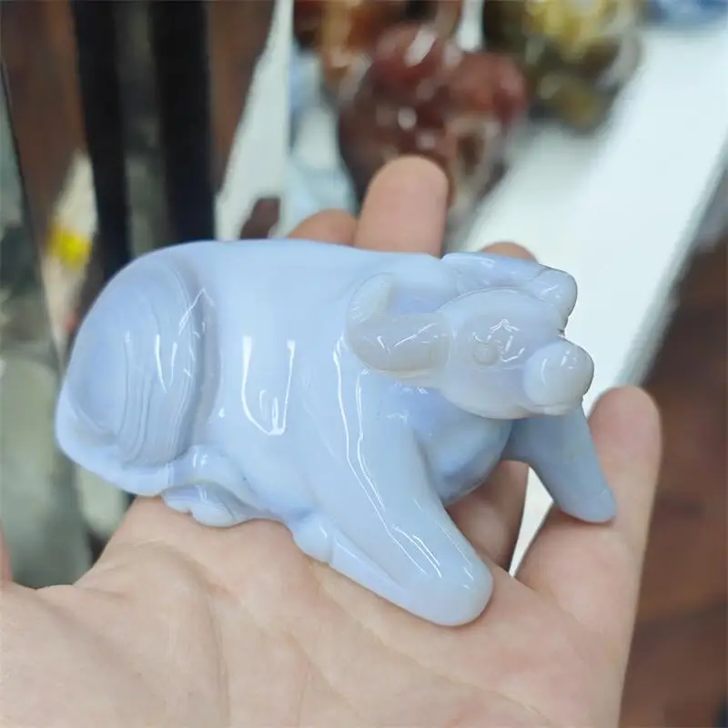 Natural Agate Buffalo Carving Statue Crafts Animal Polished Healing Figurine Home Ornament Gift 1PCS