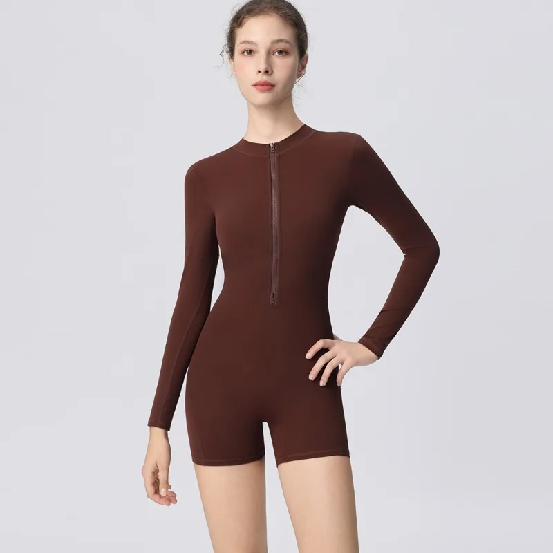 

Women's Yoga Jumpsuit with Hollowed Out Beautiful Back Peach Buttocks Sports with Zipper Long Sleeves Shorts Jumpsuit