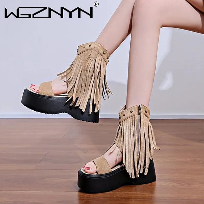 New Retro Fringe Ankle Open Toe Sandals Women New Platform Side Zipper Chunky Heel Sandals Ladies Casual Shoes Zapatos De Mujer