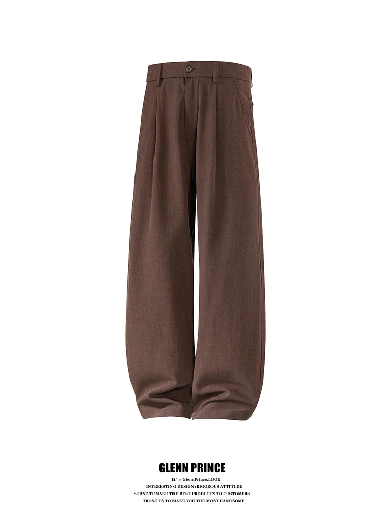 

Classic Men's Straight Leg Cuffed Trousers Casual Loose Fit Polyester Blend Pressed Pleat Detailing Trendy Vintage Aesthetic