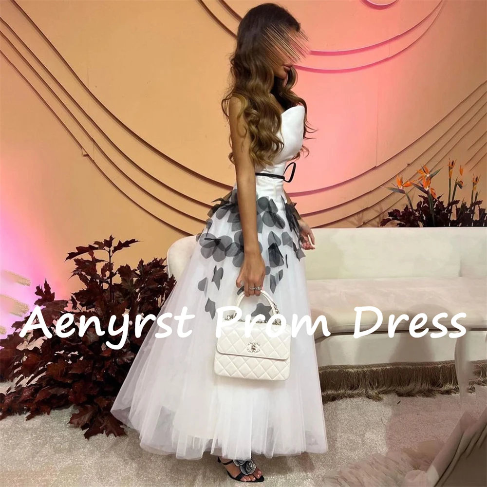 Aenyrst Elegant Strapless A Line Saudi Arabia Prom Dresses Tulle Applique Evening Party Gowns Ankle Length Formal Occasion Dress