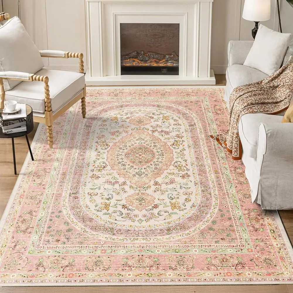 

Washable Pink Boho Area Rug, 5x7 for Living Room, Bedroom, Kitchen, Large Distressed Farmhouse Carpet with Non-Slip Backing, Blu
