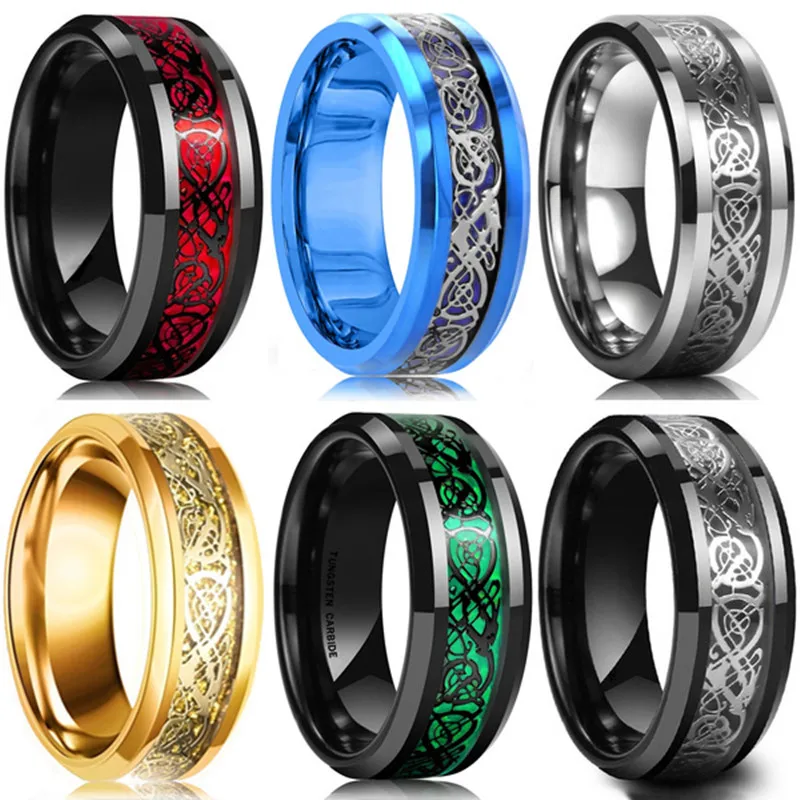 Fashion 8mm Men\'s Stainless Steel Dragon Ring Inlay Red Gold Black Carbon Fiber Кольцо Wedding Band Jewelry Size 6-12