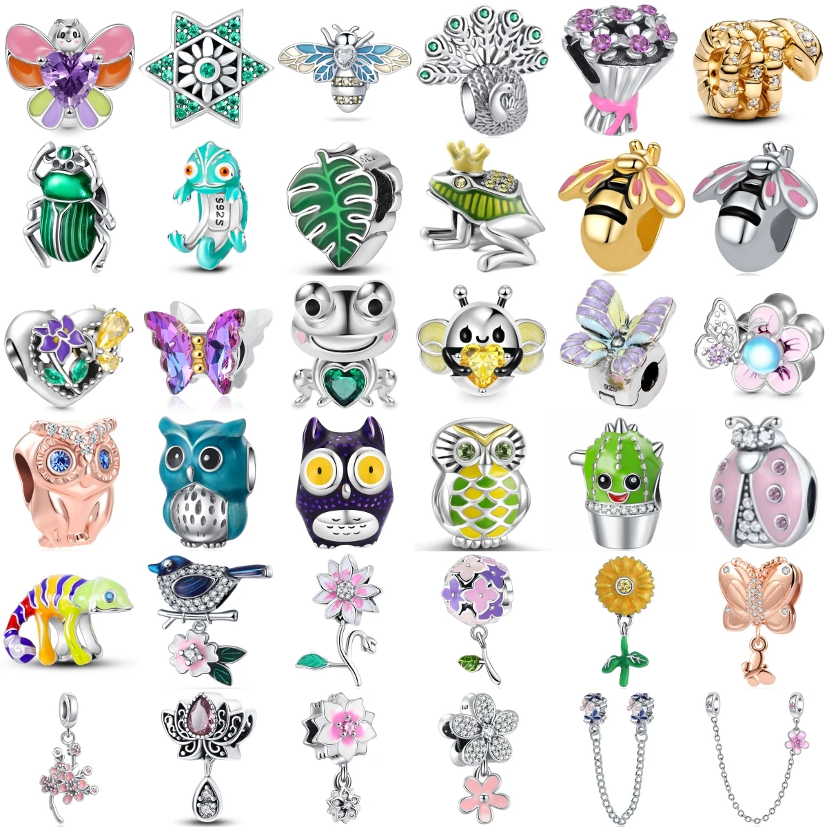 925 Sterling Silver Insect Animal Charm Beads Butterfly Bee Frog Owl Ladybug Flower Pendant Fit DIY Women Jewelry Gift