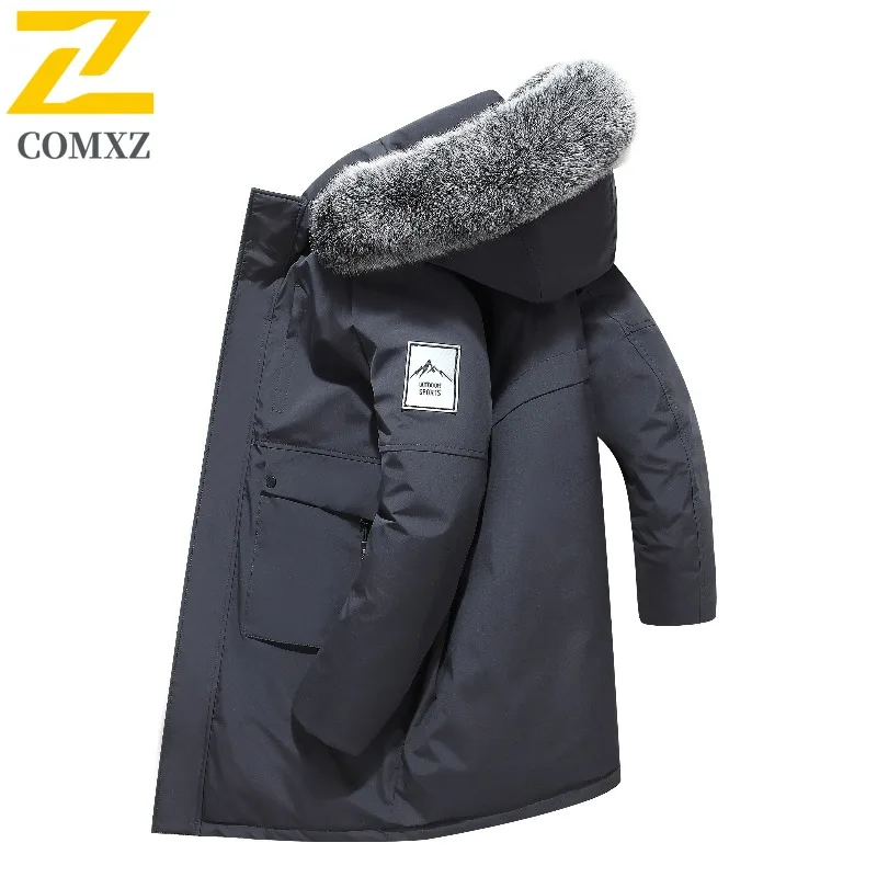 

COMXZ Мужской длинный пуховик для поездок на работу, офисное легкое теплое пальто, классический меховой воротник с капюшоном, лыжный морозостойкий зимний пух с наполнителем