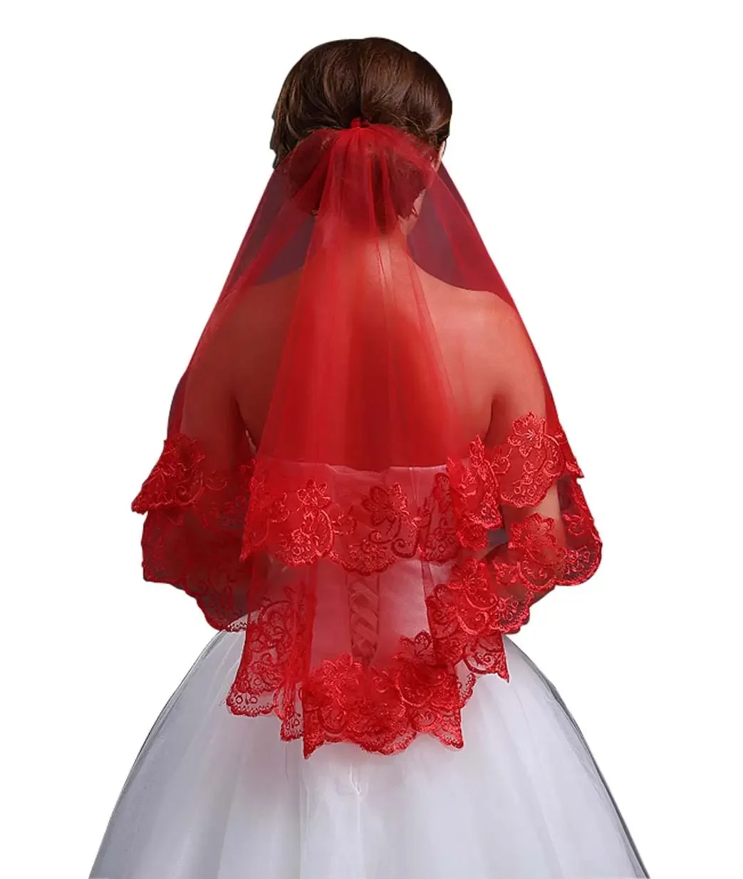 Red Bridal Headcloth Wedding Veil, Simple Long Lace Veil Translucent Headpiece for Women