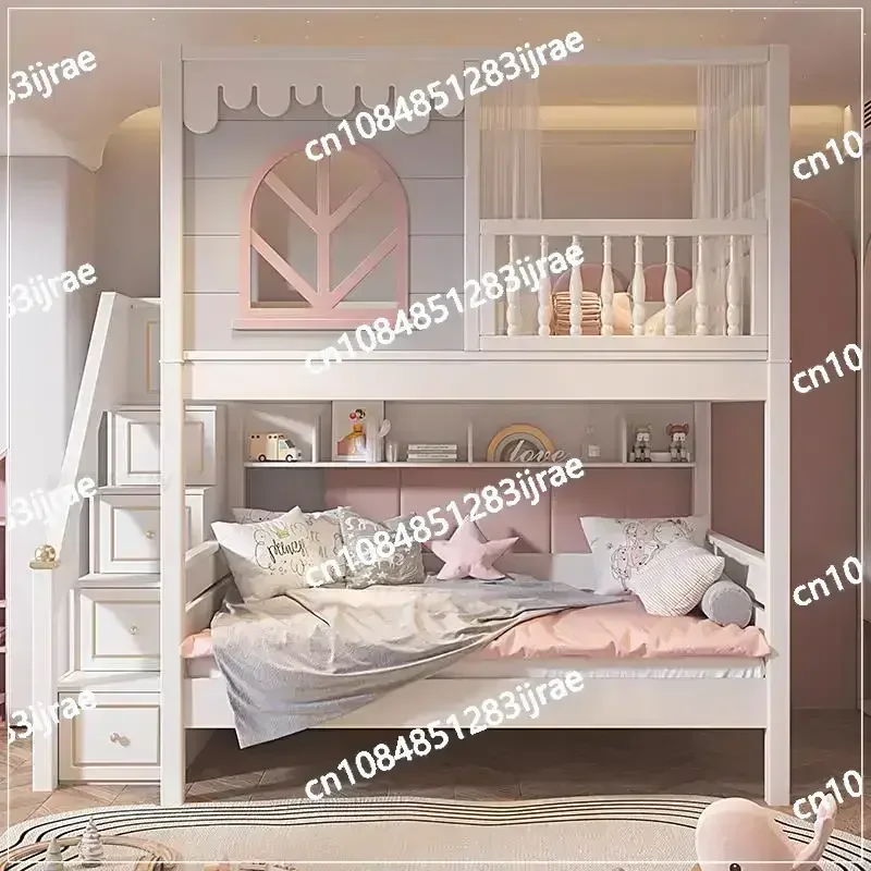 Beautiful Girl Bed in Pink Large Storage Space Bedroom Furniture Cute Princess Bed with Guardrail Design Child Bunk Bed for Kid