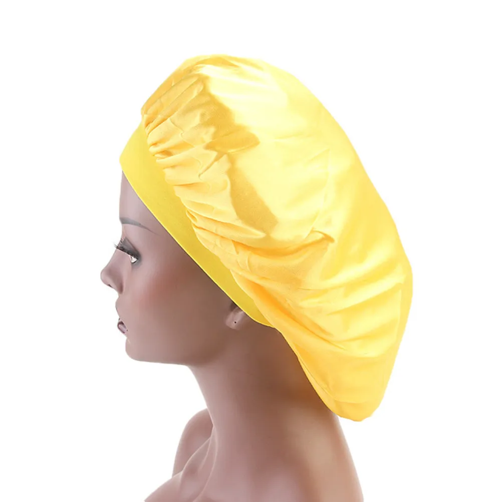 Elastic Wide Side Satin Sleeping Cap Yellow Night Bonnet Hair Loss Chemotherapy Hat Roomy Fit Women Ladies Sleeping Cap