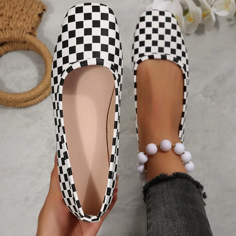 2026 New Trendy Plaid Print Casual Women's Flats and Loafers Fashion Round Toe Soft Sole Comfort Women Shoes  