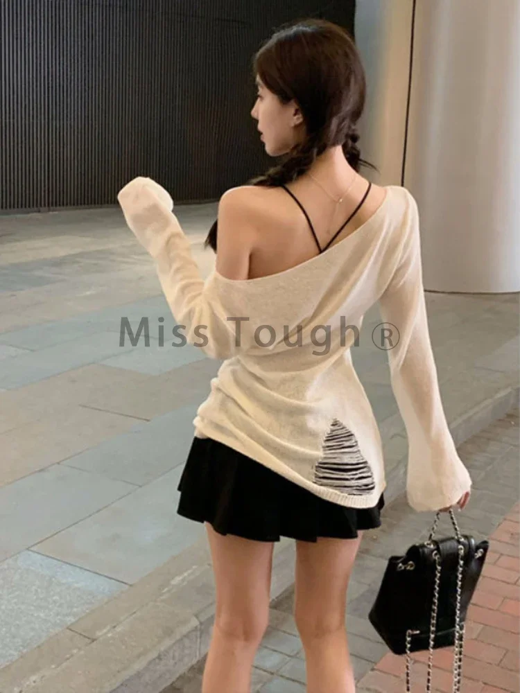 Winter Korean Fashion Oversized Sweater Women Harajuku Vintage Hollow Out Knitted Jumper Female Sexy Off Shoulder Y2K Tops 2024