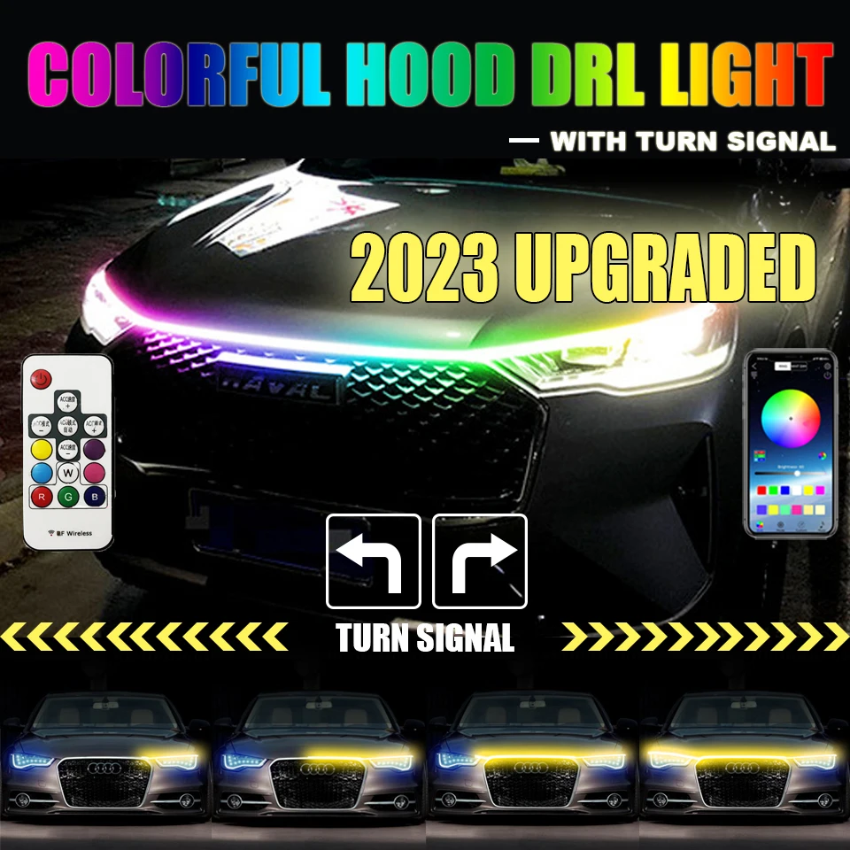 2022 Newest LED Car Hood Light Daytime Running Lights Auto Remote App RGB Flowing Turn Signal Guide Thin Strip Lamp Styling 12V