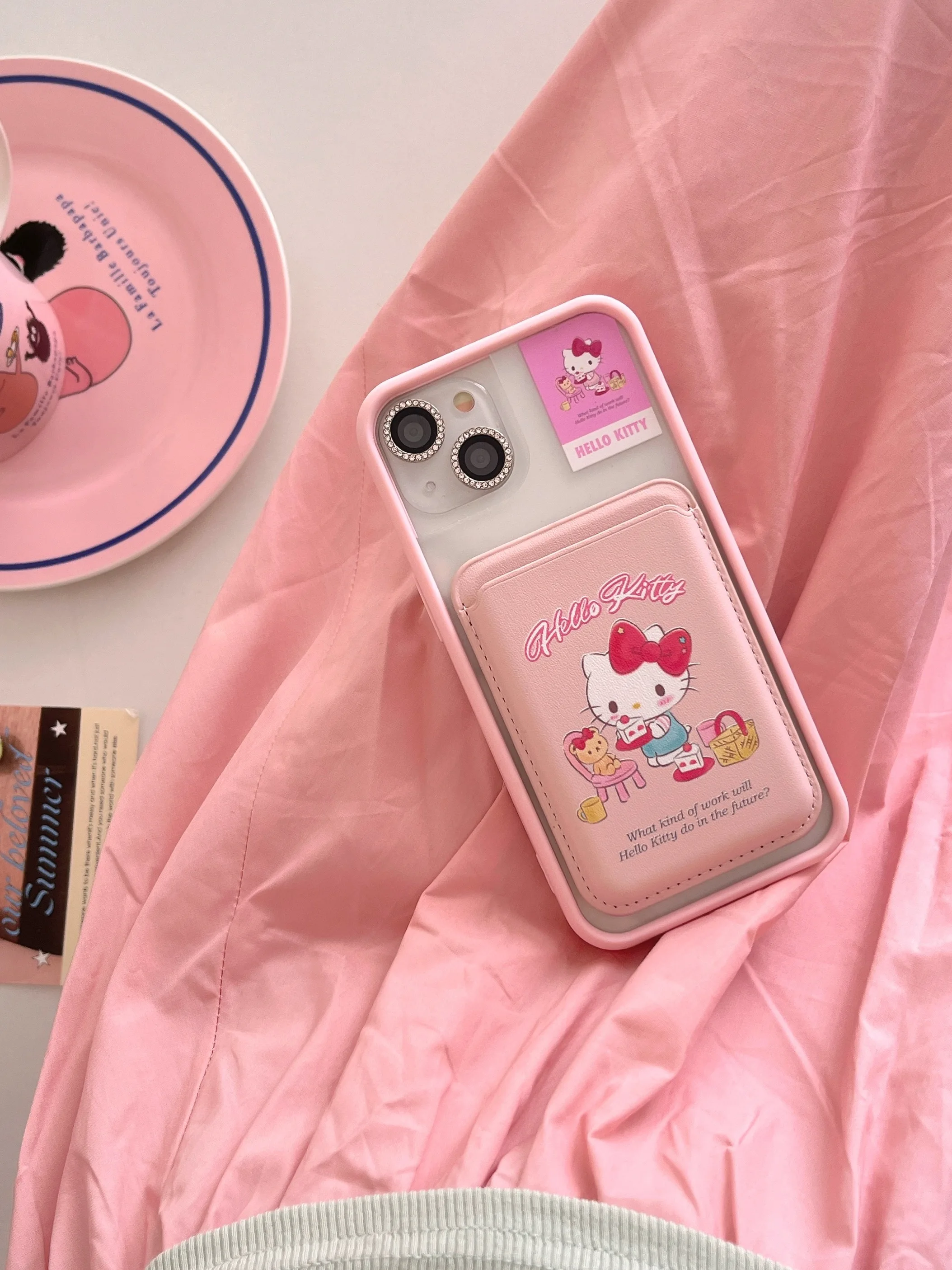 Cute Pink Hello Kitty Magnetic Wallet Card Case For iPhone 15 14 13 12 11 15 Pro Max Clear Magsafe Wireless Charge Cover