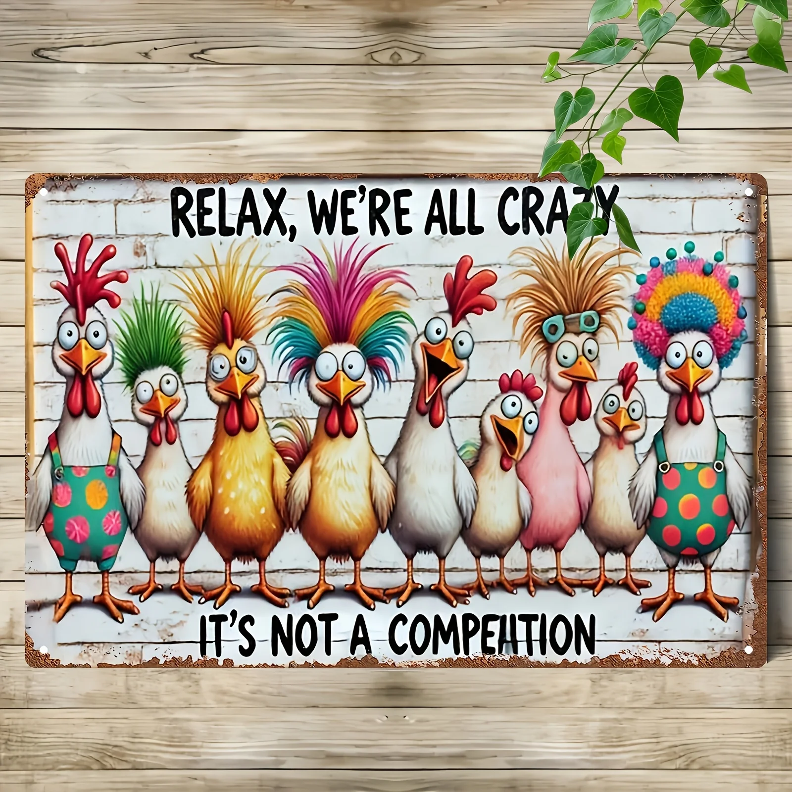Panneau décoratif « Relaxation, Nous sommes tous des fous, Poulets en fer », Art mural de ferme, Décoration amusante pour poulailler