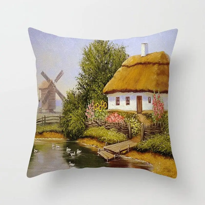 Funda de almohada Retro Para decoración del hogar, cubierta de cojín con pintura al óleo, paisaje Pastoral, flores y pájaros, adorno para sala de