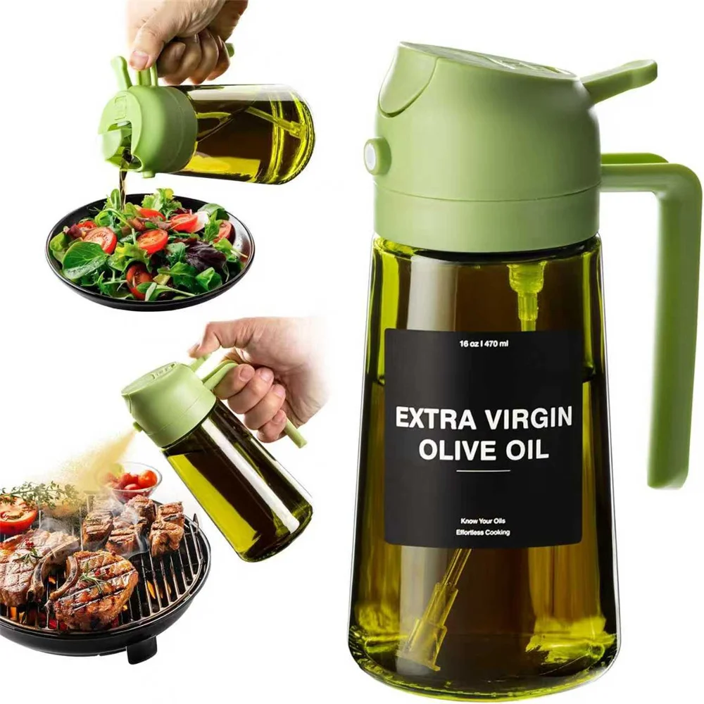 Olijfoliedispenser, sproeier voor koken 2 in 1 spray en giet, donkergroene glazen oliefles met stickers, 16oz/470ml oliespuit